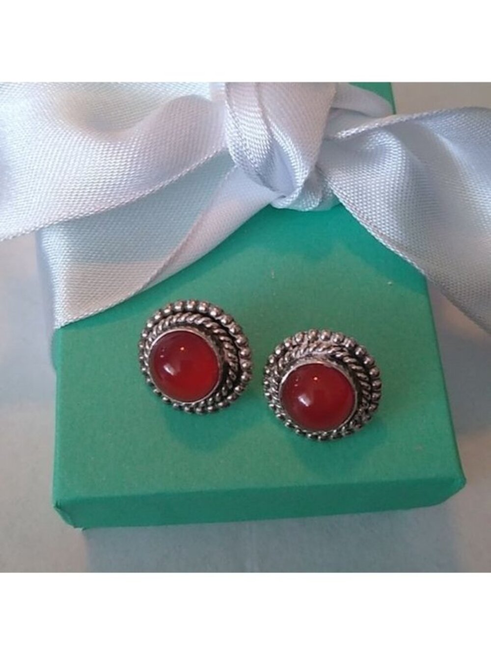 Navajo Carnelian + Sterling Silver Post Earrings, marked EC